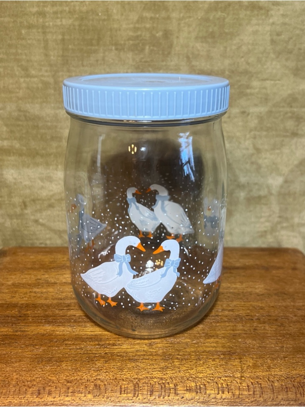 1980s Vtg Glass Jar Canister Country Goose Geese Duck Bow Lid Blue France